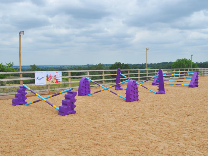 4 fences all purple. MultiJumps, Hedgehogs Jumps, 8 Cups and Combi Blocks. The first 3 fences 2 9 Band Practice poles coloured Baby blue, yellow and purple. The Combi Block have 5 poles on the. The jumps are in the an arena.  