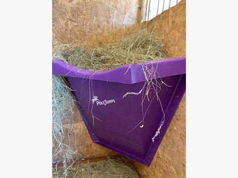 Purple Hay Feeder attached to wall inside stables.
