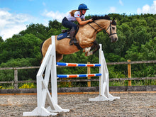 Load image into Gallery viewer, Horse and rider jumping over a pair of White Cross Wings with 2 9 Band Practice Poles. 
