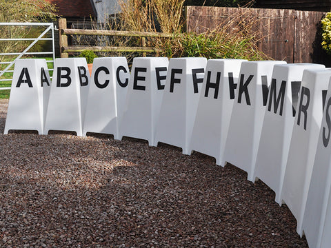 Close up of Dressage Tower Markers to show scratch resistant painted lettering.