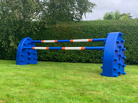 Pair of Blue Hedgehogs with 2 9 Band Practice Poles coloured: Blue, Orange & White.