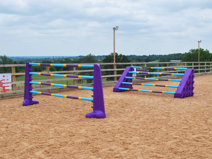 A pair of Purple 8 Cups with 4 9 Band Poles, Club Style and a pair of Purple Combi Blocks with 5 9 Band Poles in arena. 
