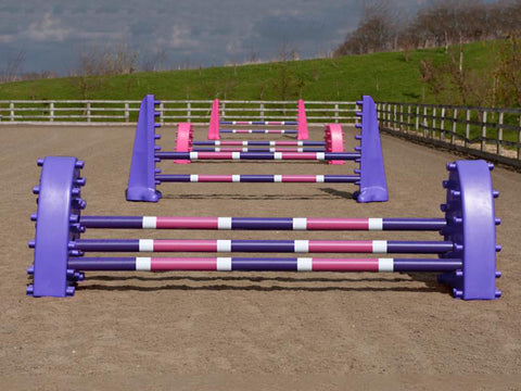 4 fences, from front to back: 1 pair of purple Hedgehogs with 3 Pro Poles, 9 Band coloured: Purple, White & Pink. 1 pair of Purple 8 Cups with 2 more poles. 1 pair of Pink Hedgehog Jumps with 3 Poles and 1 set of Pink 8 Cups with 2 more Pro Poles.