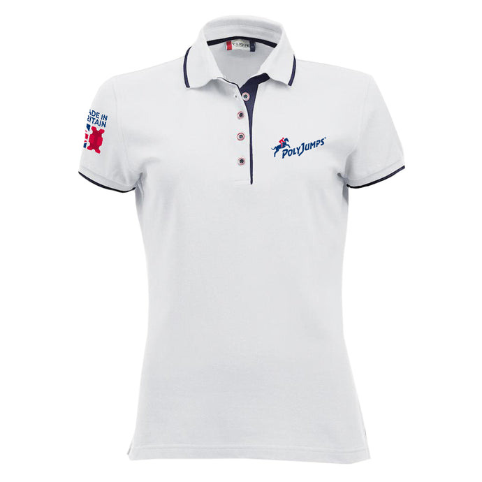 Women's White Poloshirt with Navy Blue contrast trim on sleeves, around and under the collar. PolyJumps Logo on wearer's left chest. Made in Britain PolyJumps Logo on right shoulder.
