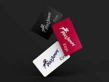 Load image into Gallery viewer, Three Gift Cards Falling. Black £500.00, Red £250.00 and White £50.00.
