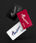 Three Gift Cards Falling. Black £500.00, Red £250.00 and White £50.00.
