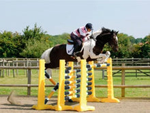 Load image into Gallery viewer, Photograph of horse and rider jumping over 3 fences. 3 Pairs of Yellow 8 Cups with 9 Pro Poles. Poles coloured Black, White &amp; Yellow. 
