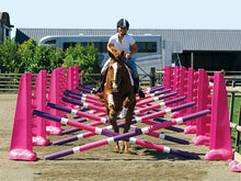 Load image into Gallery viewer, Photograph of horse and rider jumping over the PolyJumps Carol Mailer Grid Set, comprised of 14 Pink 8 Cups and 14 9 Band Pro Poles coloured: Purple, White &amp; Pink. 
