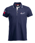 Men's Navy Poloshirt with white contrast trim on sleeves, around and under the collar. PolyJumps Logo on wearer's left chest. Made in Britain PolyJumps Logo on right shoulder.