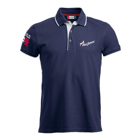 Men's Navy Poloshirt with white contrast trim on sleeves, around and under the collar. PolyJumps Logo on wearer's left chest. Made in Britain PolyJumps Logo on right shoulder.
