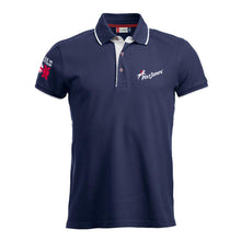Load image into Gallery viewer, Men&#39;s Navy Poloshirt with white contrast trim on sleeves, around and under the collar. PolyJumps Logo on wearer&#39;s left chest. Made in Britain PolyJumps Logo on right shoulder.
