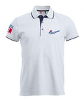 Men's White Poloshirt with Navy Blue contrast trim on sleeves, around and under the collar. PolyJumps Logo on wearer's left chest. Made in Britain PolyJumps Logo on right shoulder.