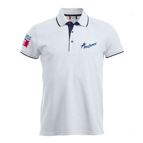 Men's White Poloshirt with Navy Blue contrast trim on sleeves, around and under the collar. PolyJumps Logo on wearer's left chest. Made in Britain PolyJumps Logo on right shoulder.
