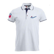 Load image into Gallery viewer, Men&#39;s White Poloshirt with Navy Blue contrast trim on sleeves, around and under the collar. PolyJumps Logo on wearer&#39;s left chest. Made in Britain PolyJumps Logo on right shoulder.

