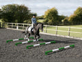 Horse and rider trotting over 4 5 Band Poles Green and White red PolePods.