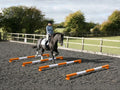 Horse and rider trotting over 4 5 Band Poles Orange and White red PolePods.
