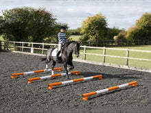 Load image into Gallery viewer, Horse and rider trotting over 4 5 Band Poles Orange and White red PolePods.
