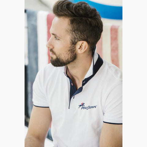 Model wearing White Poloshirt, raised collar revealing Navy Blue contrast fabric. PolyJumps Logo on wearer's left chest.