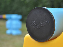 Load image into Gallery viewer, Close up photograph of the end cap on a practice pole. PolyJump Logo embossed onto the cap.
