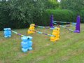 Photograph of the Club Jump Set. From left to right, 1 pair of Baby Blue PolyJump Block holding 1 9 Band Practice Pole: Club Style. 1 pair of Yellow MultiJumps holding 2 9 Band Practice Poles: Club Style. 1 pair of Purple 8 Cups holding 3 9 Band Practice Poles: Club Style.  