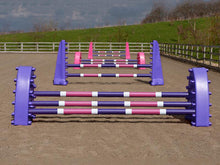 Load image into Gallery viewer, 4 fences, from front to back: 1 pair of purple Hedgehogs with 3 Pro Poles, 9 Band coloured: Purple, White &amp; Pink. 1 pair of Purple 8 Cups with 2 more poles. 1 pair of Pink Hedgehog Jumps with 3 Poles and 1 set of Pink 8 Cups with 2 more Pro Poles. 
