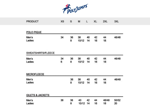 PolyJumps Poloshirt Size Guide.