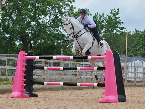 Horse jumping over 2 pairs of Black and Pink 8 Cups with 3 9 band Pro Poles coloured: Pink, White & Black. 