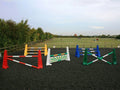 From left to right, 1 pair of red 8 cups with 2 5 band poles in red and white. 1 pair of yellow 8 Cups and yellow MultiJumps with 3 5 Band Poles. In the centre is a pair of white 8 Cups with 1 5 Band Pole in green and yellow with a green and yellow sunrise large hanging filler below it. 1 pair of blue 8 Cups and Blue MultiJumps with 3 5 Band Poles in blue and white. On the right is a pair of green 8 Cups with 2 green and white poles. All jumps in an arena.