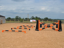 Load image into Gallery viewer, 4 rows of Mini Blocks alternating orange and black with orange and black 7 Band Pro Poles. Black and orange 8 Cups with matching 7 Band Pro Poles, with black Hedgehogs behind with 2 more 7 band Pro Poles.
