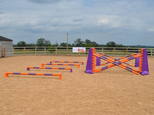 Load image into Gallery viewer, 4 rows of Mini Blocks alternating Orange and Purple with Orange and Purple 7 Band Pro Poles. Purple and Orange 8 Cups with matching 7 Band Pro Poles, with Purple Hedgehogs behind with 2 more 7 band Pro Poles.
