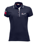 Women's Navy Poloshirt with white contrast trim on sleeves, around and under the collar. PolyJumps Logo on wearer's left chest. Made in Britain PolyJumps Logo on right shoulder. 
