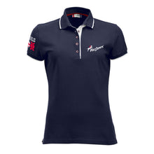 Load image into Gallery viewer, Women&#39;s Navy Poloshirt with white contrast trim on sleeves, around and under the collar. PolyJumps Logo on wearer&#39;s left chest. Made in Britain PolyJumps Logo on right shoulder. 
