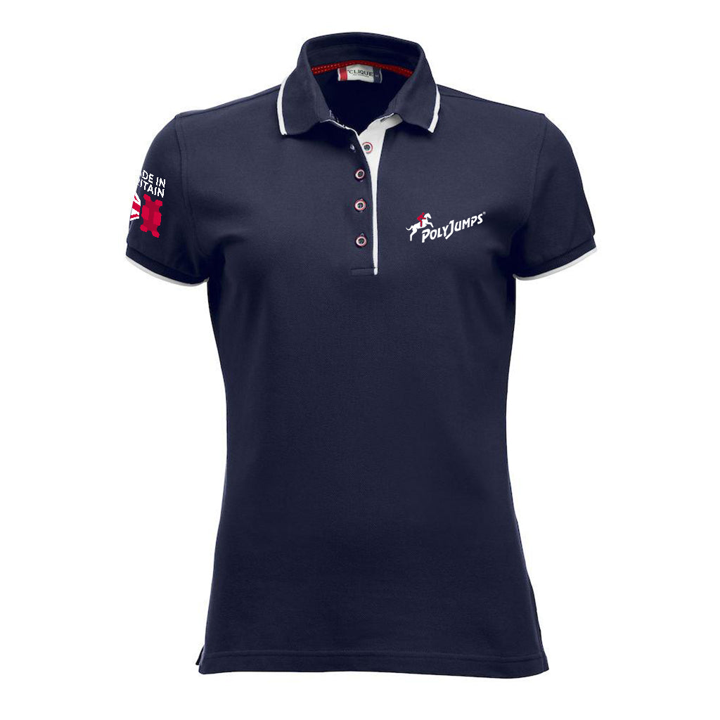 Women's Navy Poloshirt with white contrast trim on sleeves, around and under the collar. PolyJumps Logo on wearer's left chest. Made in Britain PolyJumps Logo on right shoulder. 