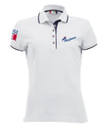 Women's White Poloshirt with Navy Blue contrast trim on sleeves, around and under the collar. PolyJumps Logo on wearer's left chest. Made in Britain PolyJumps Logo on right shoulder.