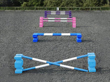 Load image into Gallery viewer, 4 rows of jumps. From front to back is a baby blue pair of PolyJump Blocks with 2 5 band baby blue and white poles. Behind that fence is the same in blue. Then a pair of pink MultiJumps with 2 pink and white 5 band poles. Finally a pair of purple MultiJumps with purple and white poles.
